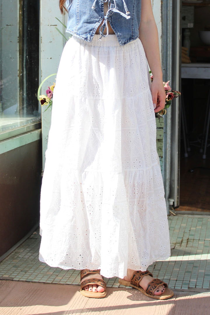 Tiered Eyelet Midi Skirt