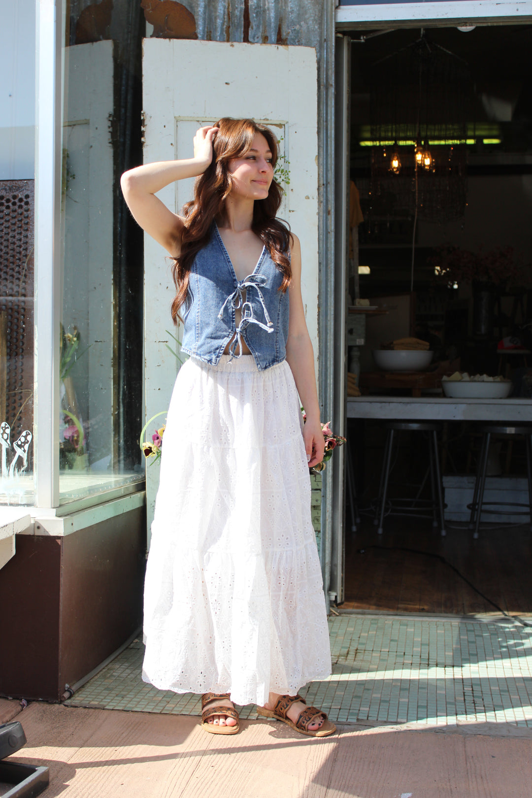 Tiered Eyelet Midi Skirt