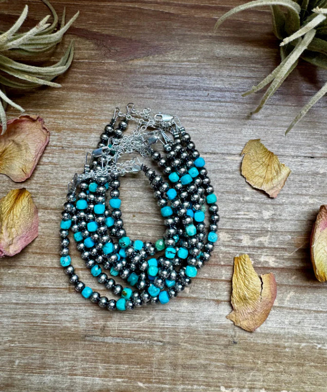 5mm Sterling Silver Pearl &amp; Faceted Turquoise Bracelet