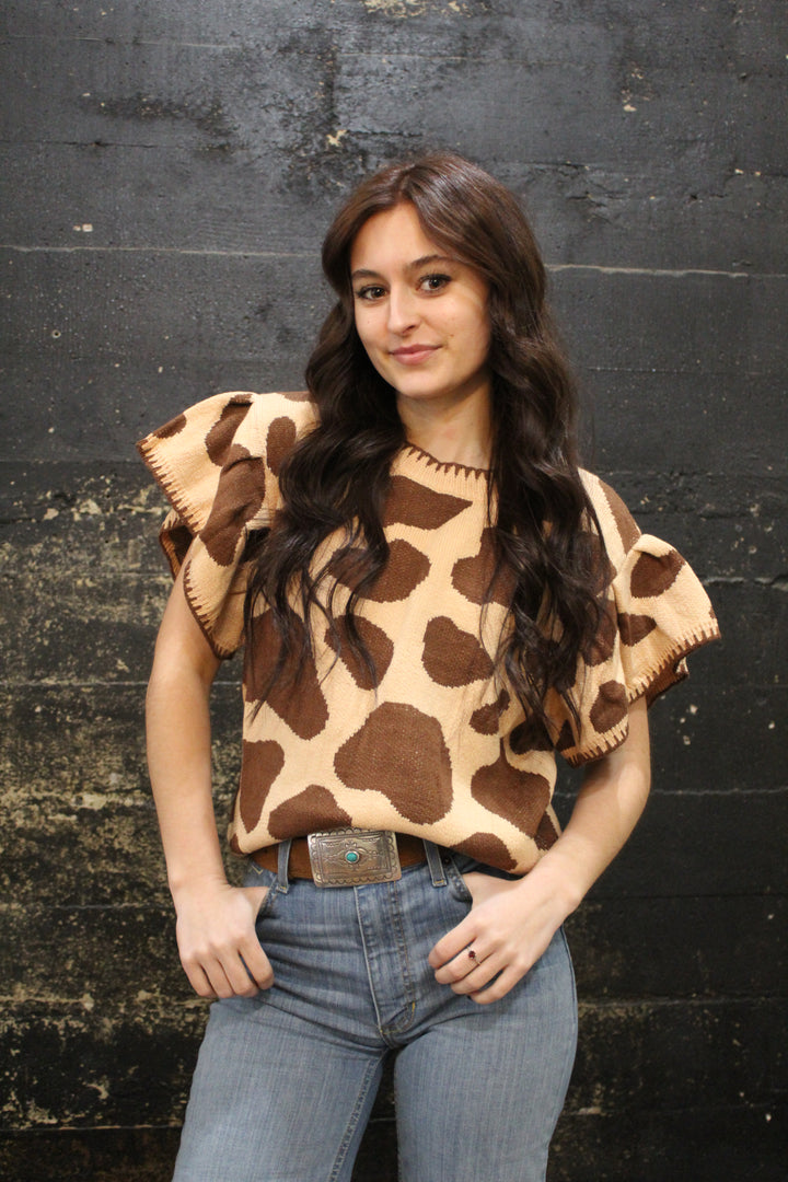 Cow Printed Knit Ruffle Top