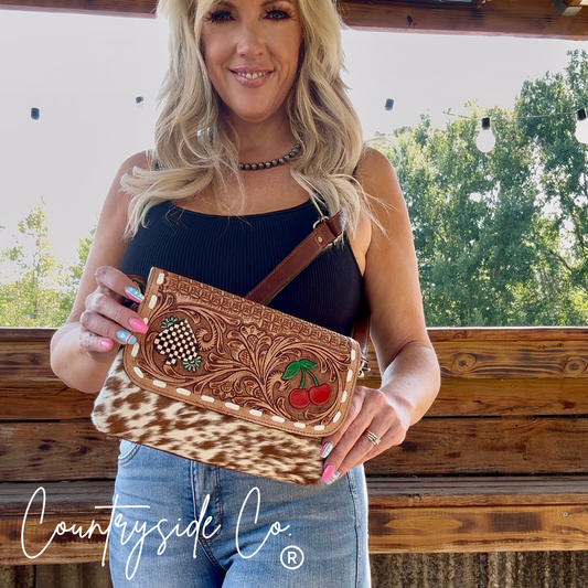 Lucky Charm Leather & Cowhide Purse Cherry & Checkered Spade