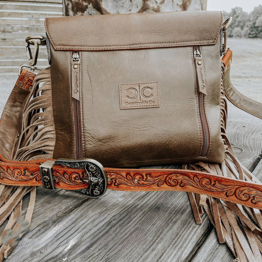 Georgia Cowhide Tooled Leather Fringe Crossbody Purse