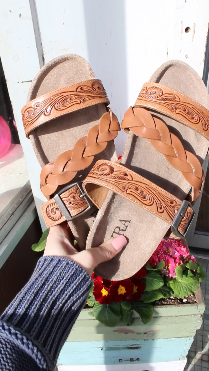 Dustbark Hand-tooled Leather Sandals